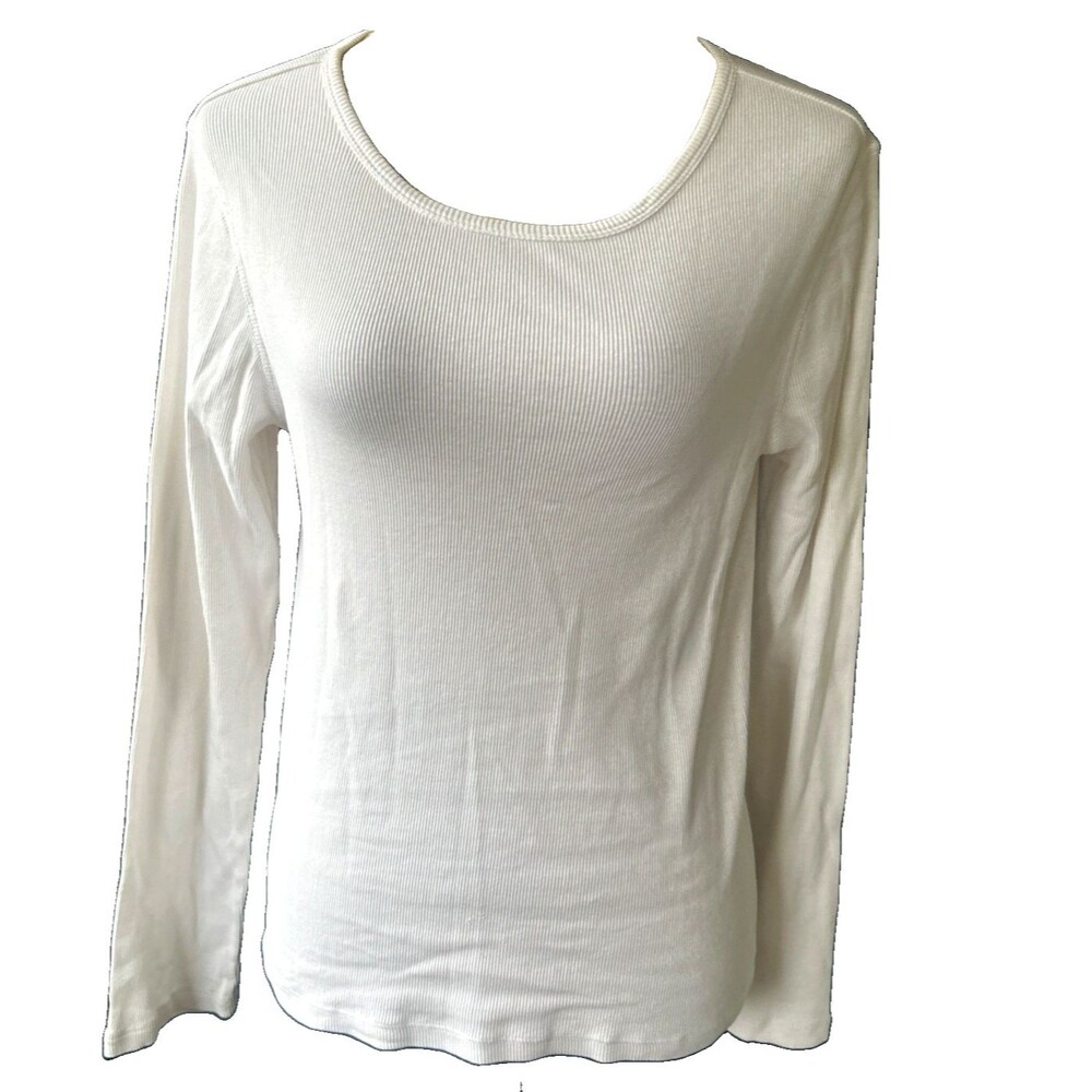 Quince Organic Cotton Womens M  White Micro Rib Long Sleeve Crew Neck Top